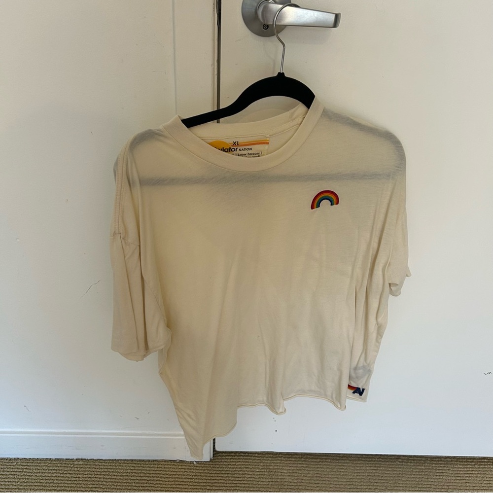 Aviator Nation Cream Tee with Rainbow Accent